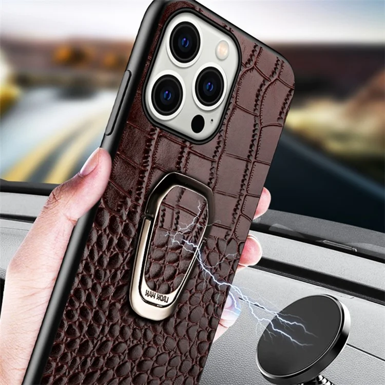 Для iPhone 15 Genuine Cow Leather TPU Mobile Cover Crocodile Texture Shockproof Kickstand Phone Case - Coffee