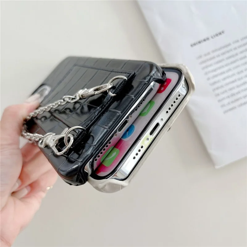 2 Card Slots Phone Case for iPhone 15 Pro Crocodile Textured PU+PC Anti-Drop Phone Protector with Strap - Black