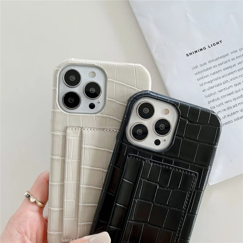 2 Card Slots Phone Case for iPhone 15 Pro Crocodile Textured PU+PC Anti-Drop Phone Protector with Strap - Black