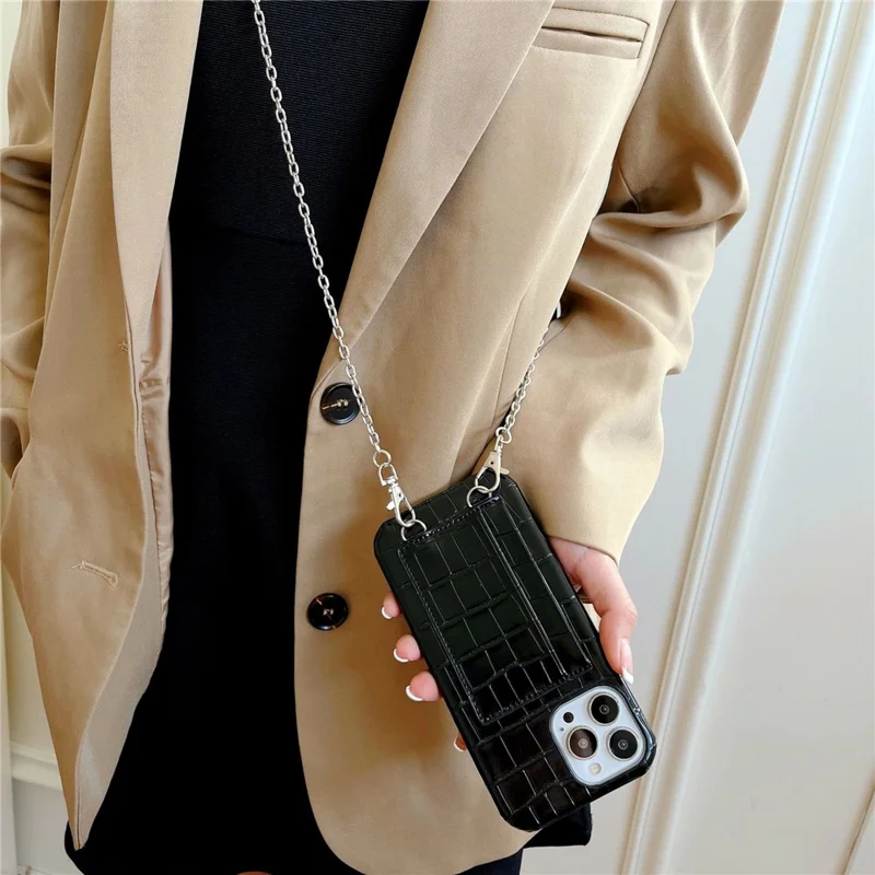 2 Card Slots Phone Case for iPhone 15 Pro Crocodile Textured PU+PC Anti-Drop Phone Protector with Strap - Black
