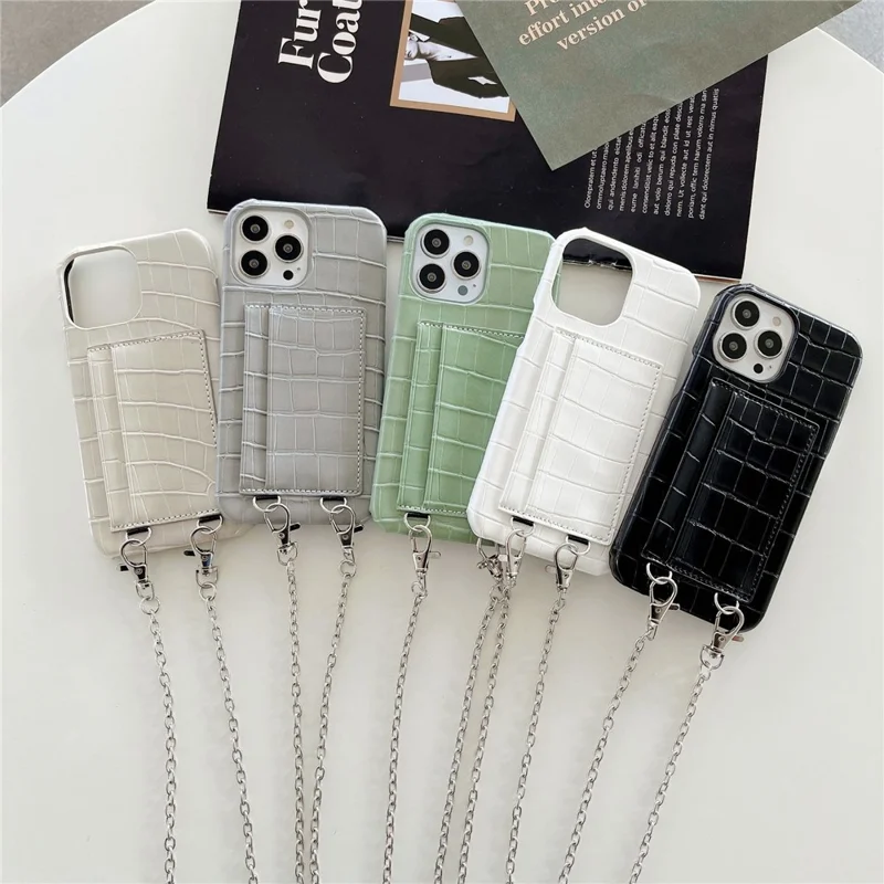 2 Card Slots Phone Case for iPhone 15 Pro Crocodile Textured PU+PC Anti-Drop Phone Protector with Strap - Black