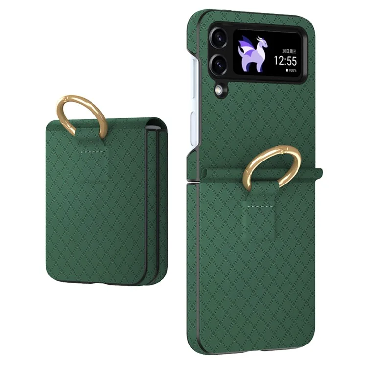 GKK Grids Case de Téléphone Imprimé Pour Samsung Galaxy Z Flip4 5G Hard pc + pu Couvercle de Téléphone Anti-drop Avec Porte-doigt de L'anneau - Vert