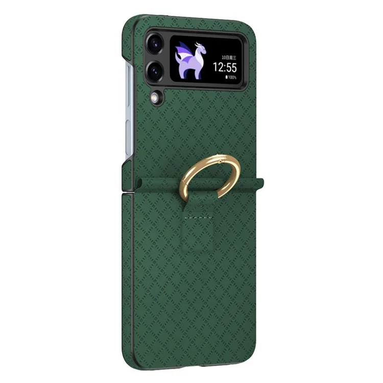 GKK Grids Case de Téléphone Imprimé Pour Samsung Galaxy Z Flip4 5G Hard pc + pu Couvercle de Téléphone Anti-drop Avec Porte-doigt de L'anneau - Vert