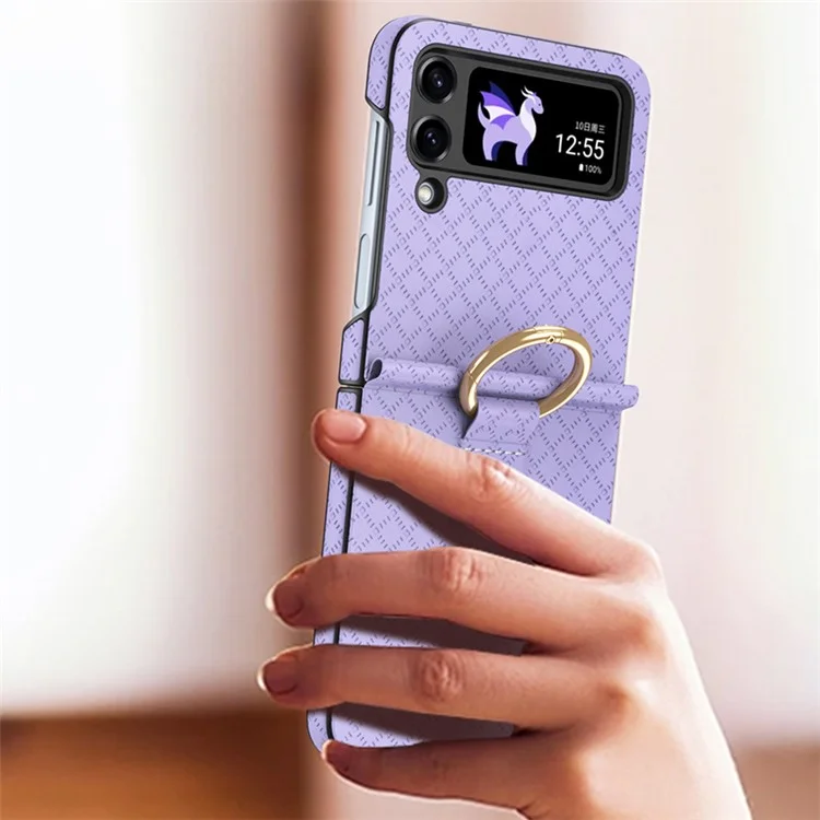 GKK Grids Case de Téléphone Imprimé Pour Samsung Galaxy Z Flip4 5G Hard pc + pu Couvercle de Téléphone Anti-drop Avec Porte-doigt de L'anneau - Vert