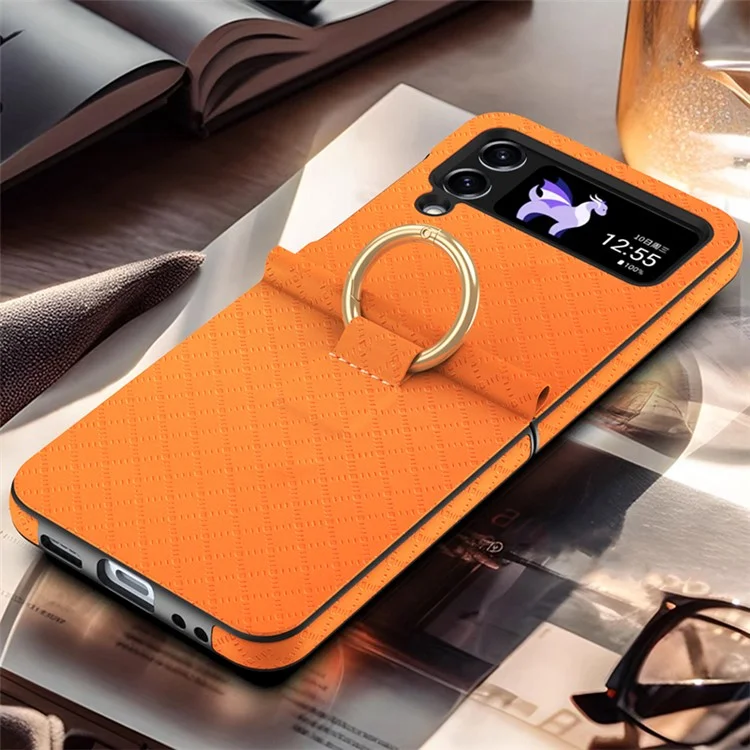 GKK Grids Case de Téléphone Imprimé Pour Samsung Galaxy Z Flip4 5G Hard pc + pu Couvercle de Téléphone Anti-drop Avec Porte-doigt de L'anneau - Vert