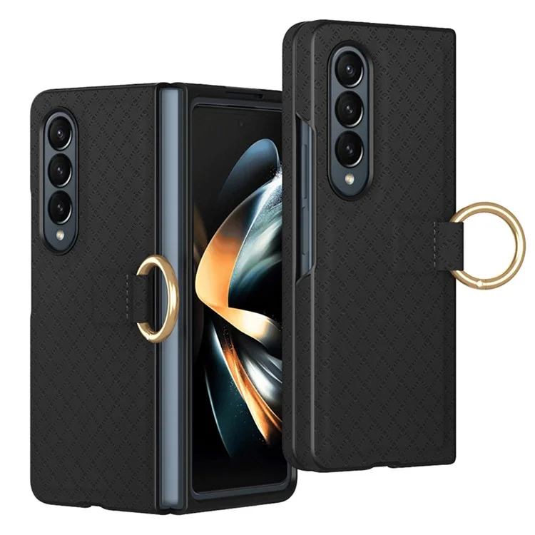 Caso à Prova de Choque GKK Para Samsung Galaxy Z Fold3 5G Grids Impresso PU+PC Caixa de Telefone Com Dedo Anelar - Preto