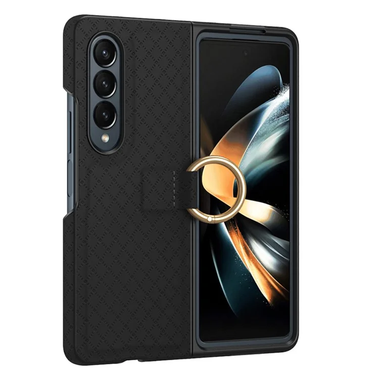 Caso à Prova de Choque GKK Para Samsung Galaxy Z Fold3 5G Grids Impresso PU+PC Caixa de Telefone Com Dedo Anelar - Preto