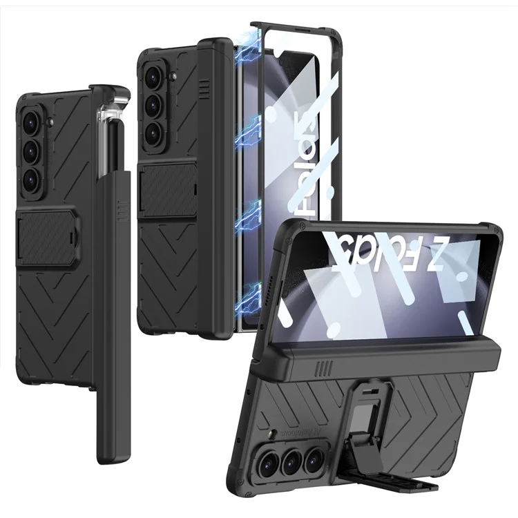 GKK Armor Kickstand Phone Case for Samsung Galaxy Z Fold5 5G Pen Slot PC Phone Cover with Tempered Glass Screen Film - Black
