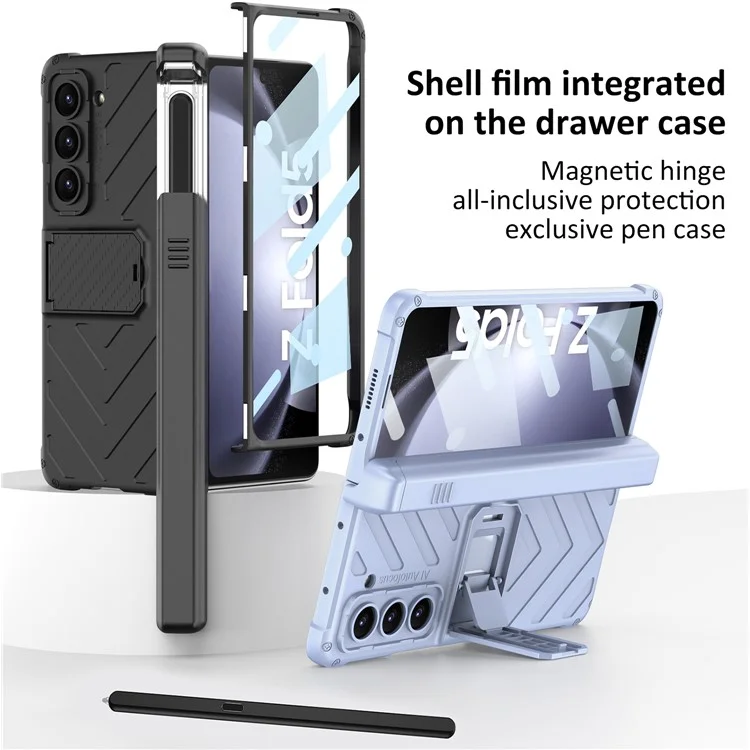 GKK Armor Kickstand Phone Case for Samsung Galaxy Z Fold5 5G Pen Slot PC Phone Cover with Tempered Glass Screen Film - Black