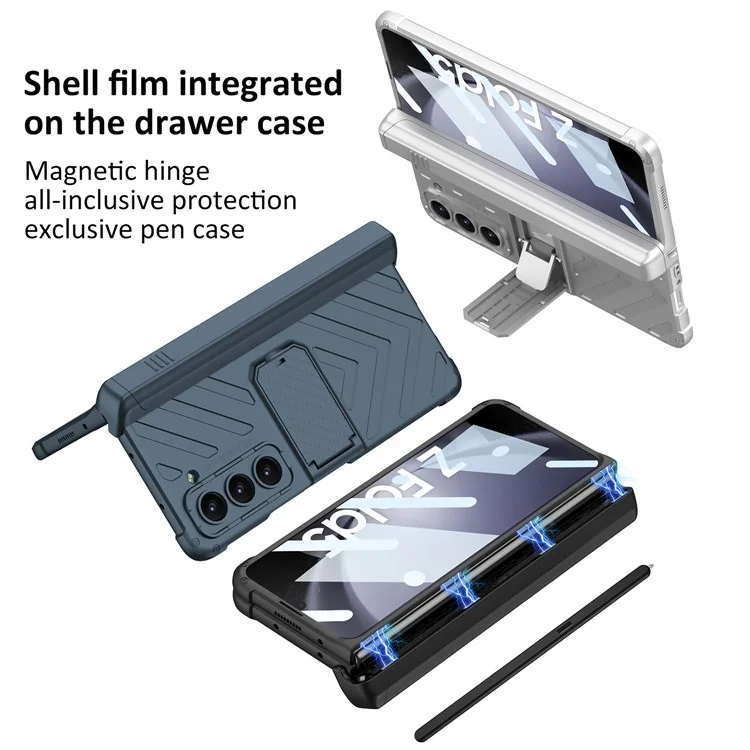GKK Armor Kickstand Phone Case for Samsung Galaxy Z Fold5 5G Pen Slot PC Phone Cover with Tempered Glass Screen Film - Black