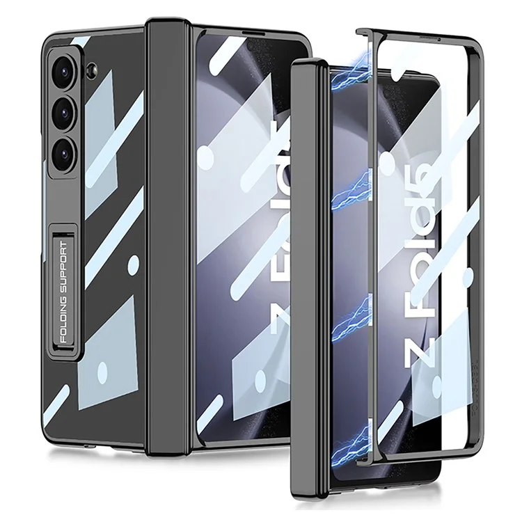 GKK Kickstand Phone Case for Samsung Galaxy Z Fold5 5G Hard PC Phone Cover with Tempered Glass Screen Film - Black