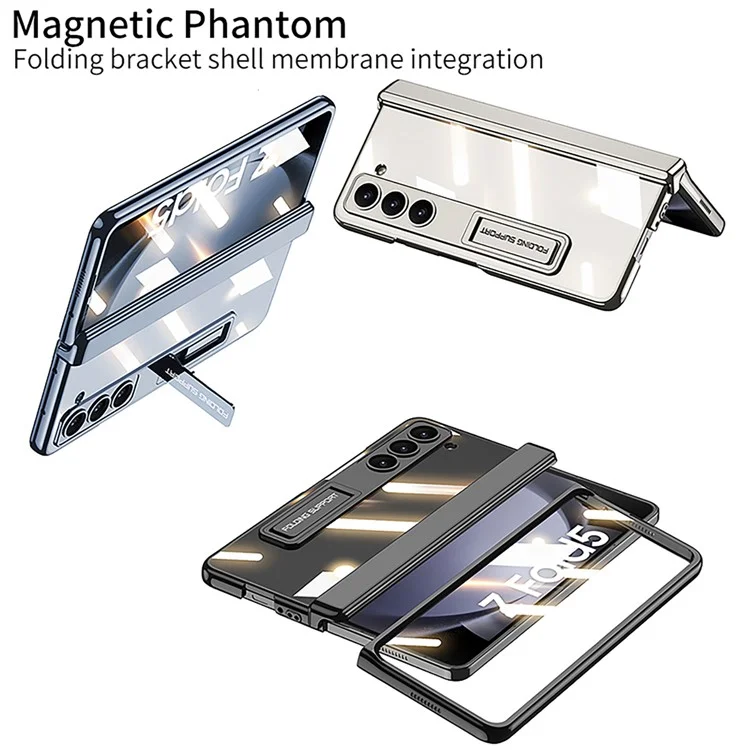 GKK Kickstand Phone Case for Samsung Galaxy Z Fold5 5G Hard PC Phone Cover with Tempered Glass Screen Film - Black