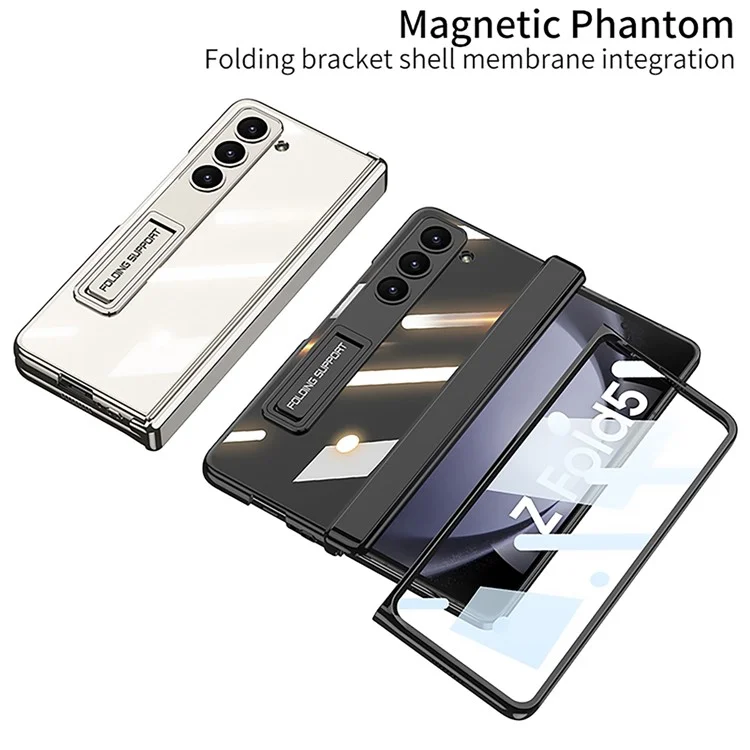 GKK Kickstand Phone Case for Samsung Galaxy Z Fold5 5G Hard PC Phone Cover with Tempered Glass Screen Film - Black