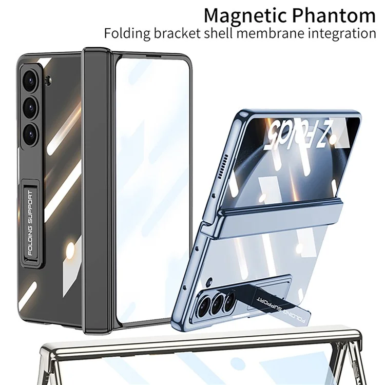 GKK Kickstand Phone Case for Samsung Galaxy Z Fold5 5G Hard PC Phone Cover with Tempered Glass Screen Film - Black