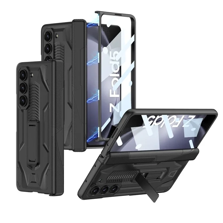GKK Armor PC Phone Case for Samsung Galaxy Z Fold5 5G Kickstand Phone Shell with Tempered Glass Screen Film - Black