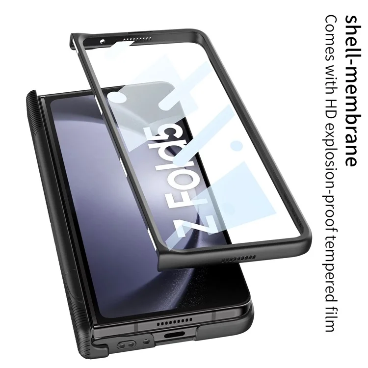 GKK Armor PC Phone Case for Samsung Galaxy Z Fold5 5G Kickstand Phone Shell with Tempered Glass Screen Film - Black