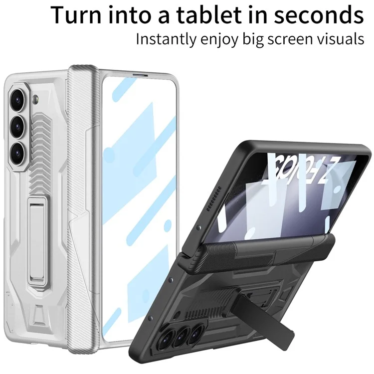 GKK Armor PC Phone Case for Samsung Galaxy Z Fold5 5G Kickstand Phone Shell with Tempered Glass Screen Film - Black