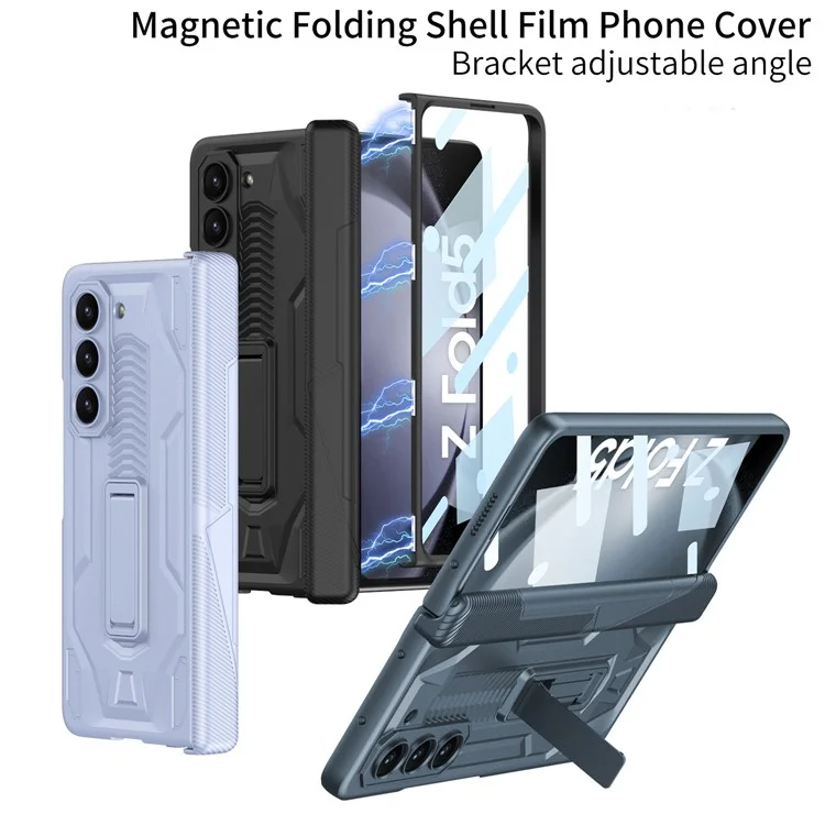GKK Armor PC Phone Case for Samsung Galaxy Z Fold5 5G Kickstand Phone Shell with Tempered Glass Screen Film - Black