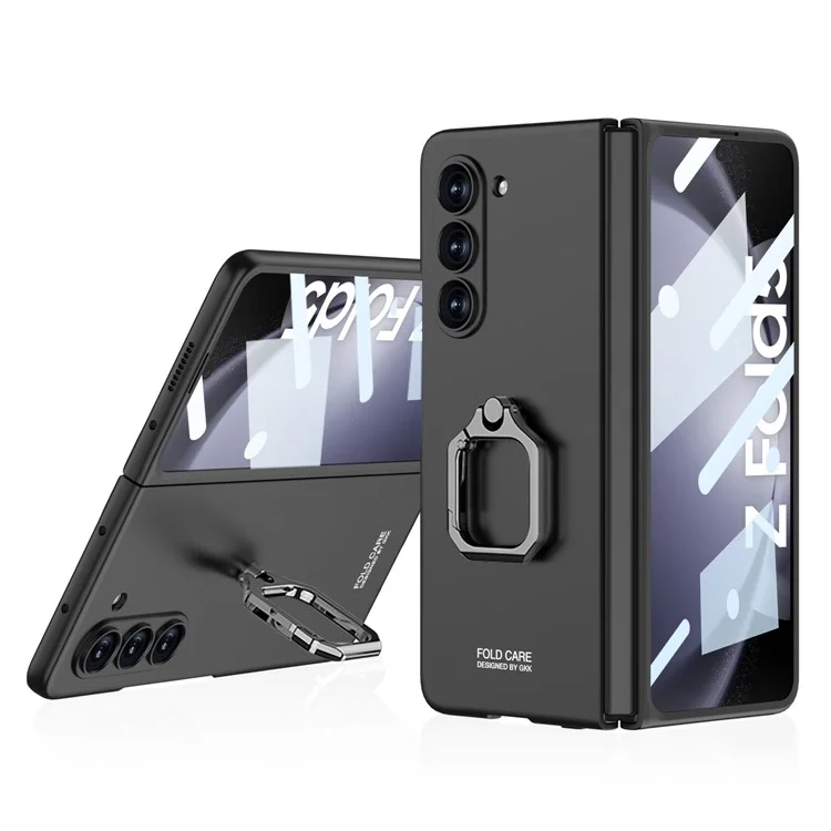 GKK Hard PC Case for Samsung Galaxy Z Fold5 5G Metal Ring Kickstand Phone Cover with Tempered Glass Film - Black