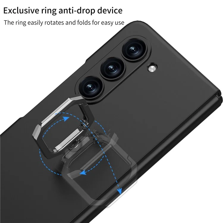GKK Hard PC Case for Samsung Galaxy Z Fold5 5G Metal Ring Kickstand Phone Cover with Tempered Glass Film - Black