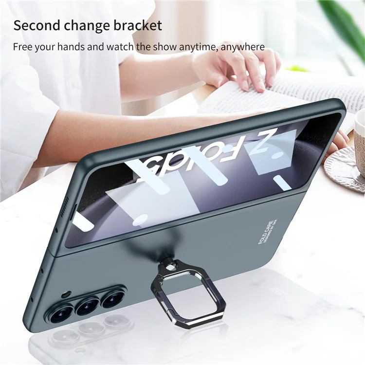 GKK Hard PC Case for Samsung Galaxy Z Fold5 5G Metal Ring Kickstand Phone Cover with Tempered Glass Film - Black