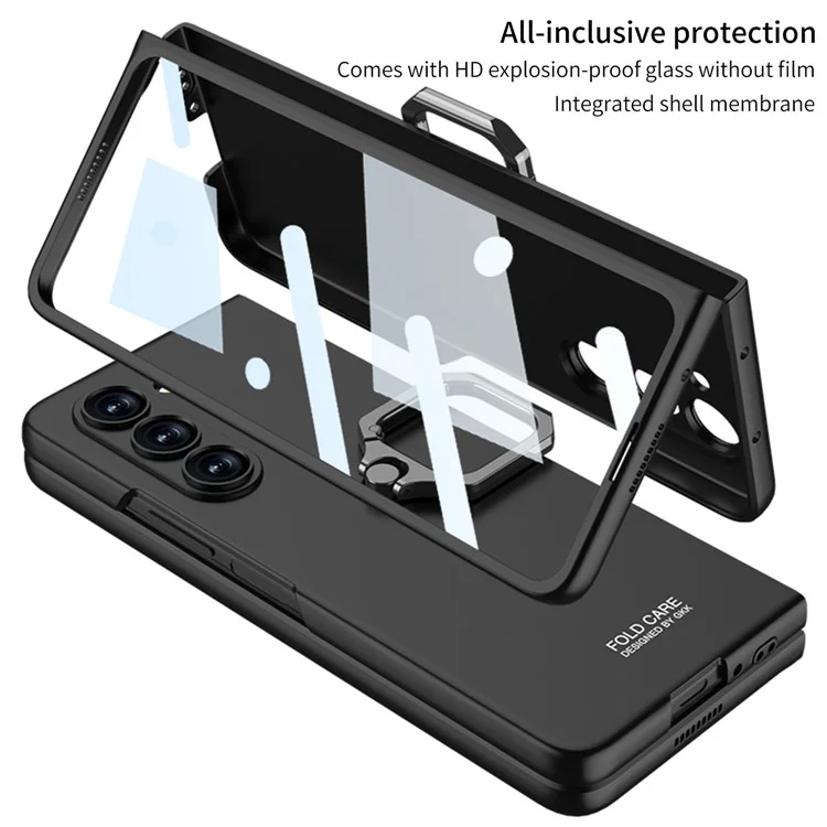 GKK Hard PC Case for Samsung Galaxy Z Fold5 5G Metal Ring Kickstand Phone Cover with Tempered Glass Film - Black