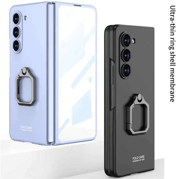 GKK Hard PC Case for Samsung Galaxy Z Fold5 5G Metal Ring Kickstand Phone Cover with Tempered Glass Film - Black