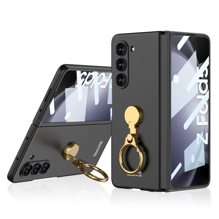 GKK Kickstand PC Case for Samsung Galaxy Z Fold5 5G Hinge Design Ultra Thin Cover with Tempered Glass Film - Black