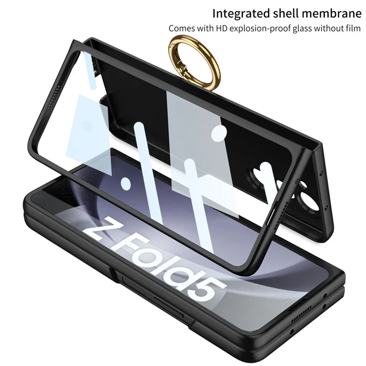 GKK Kickstand PC Case for Samsung Galaxy Z Fold5 5G Hinge Design Ultra Thin Cover with Tempered Glass Film - Black