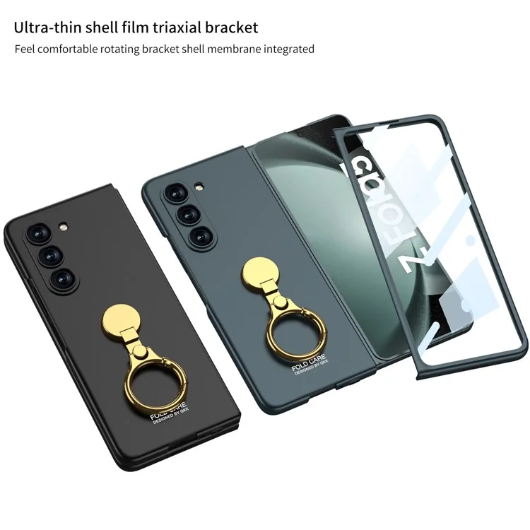 GKK Kickstand PC Case for Samsung Galaxy Z Fold5 5G Hinge Design Ultra Thin Cover with Tempered Glass Film - Black