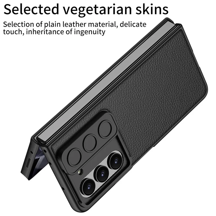 GKK para Samsung Galaxy Z Fold5 5G Funda de PC con revestimiento de piel sintética Slider de cámara Cubierta de concha con película de vidrio templado - Negro