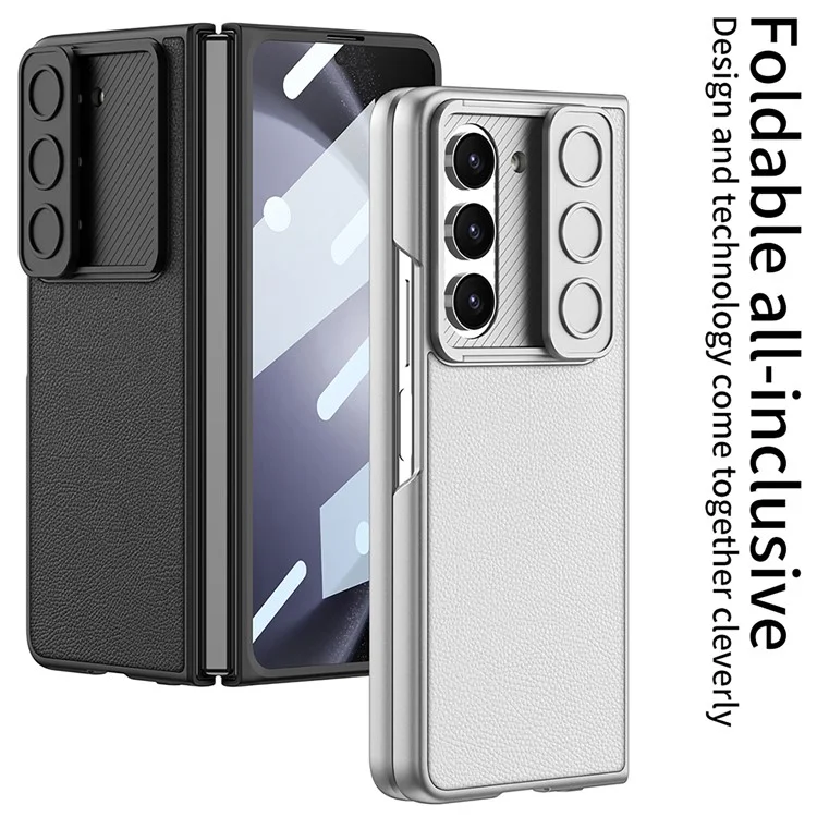 GKK para Samsung Galaxy Z Fold5 5G Funda de PC con revestimiento de piel sintética Slider de cámara Cubierta de concha con película de vidrio templado - Negro