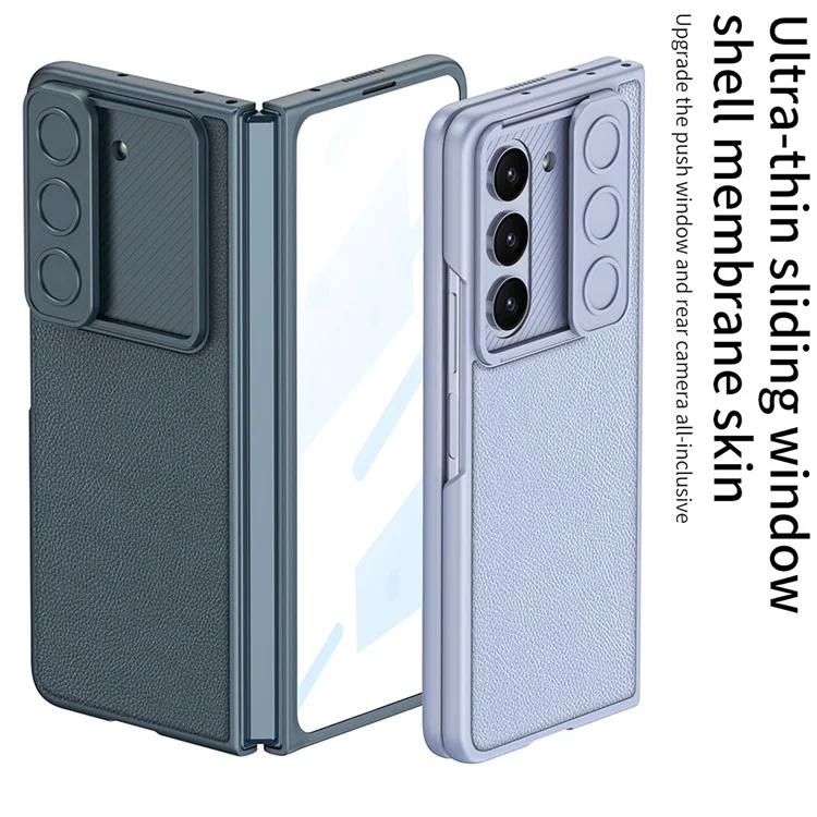 GKK para Samsung Galaxy Z Fold5 5G Funda de PC con revestimiento de piel sintética Slider de cámara Cubierta de concha con película de vidrio templado - Negro