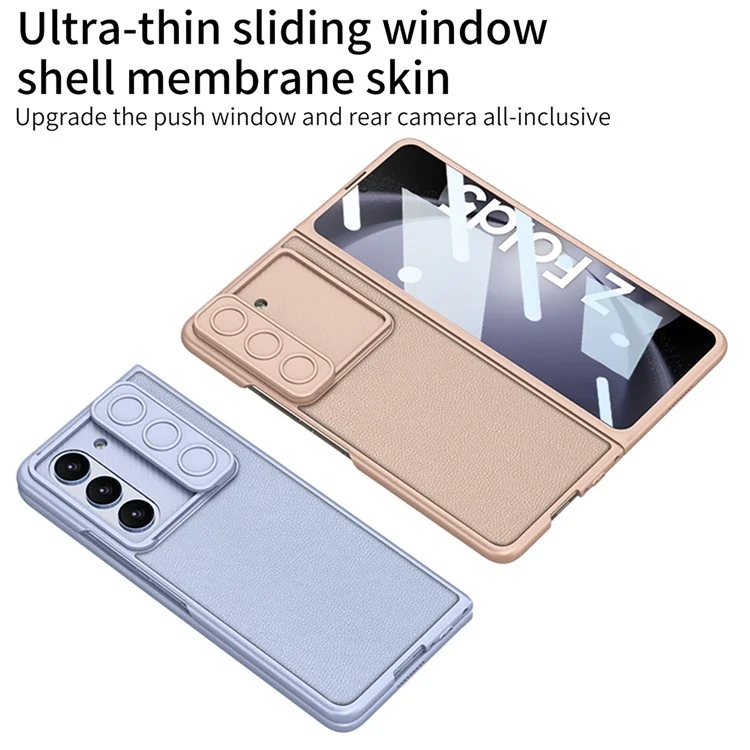 GKK para Samsung Galaxy Z Fold5 5G Funda de PC con revestimiento de piel sintética Slider de cámara Cubierta de concha con película de vidrio templado - Negro