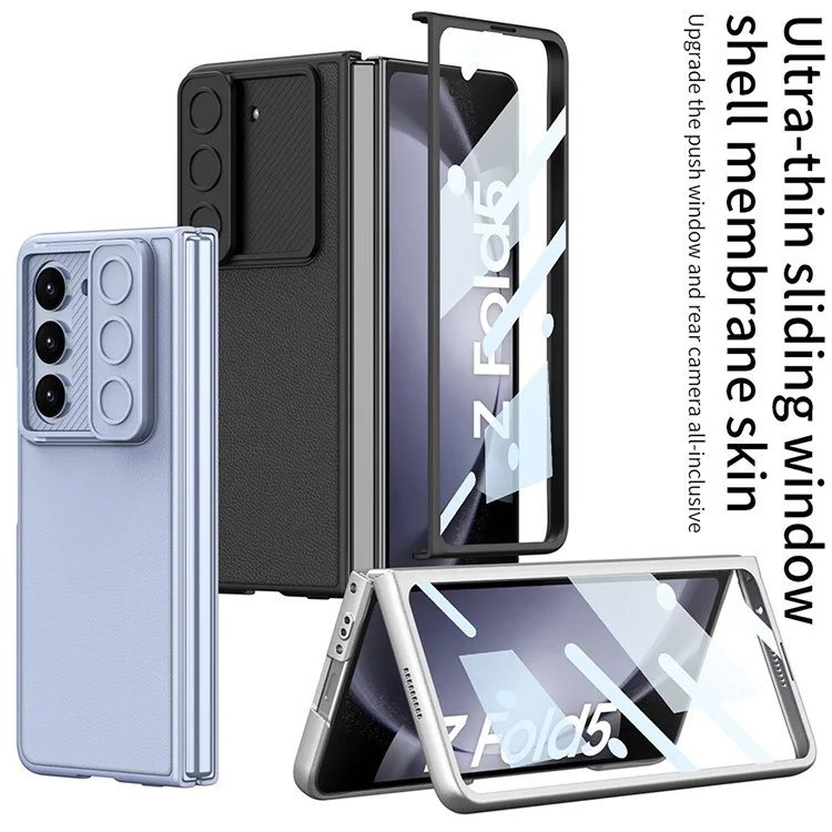 GKK para Samsung Galaxy Z Fold5 5G Funda de PC con revestimiento de piel sintética Slider de cámara Cubierta de concha con película de vidrio templado - Negro