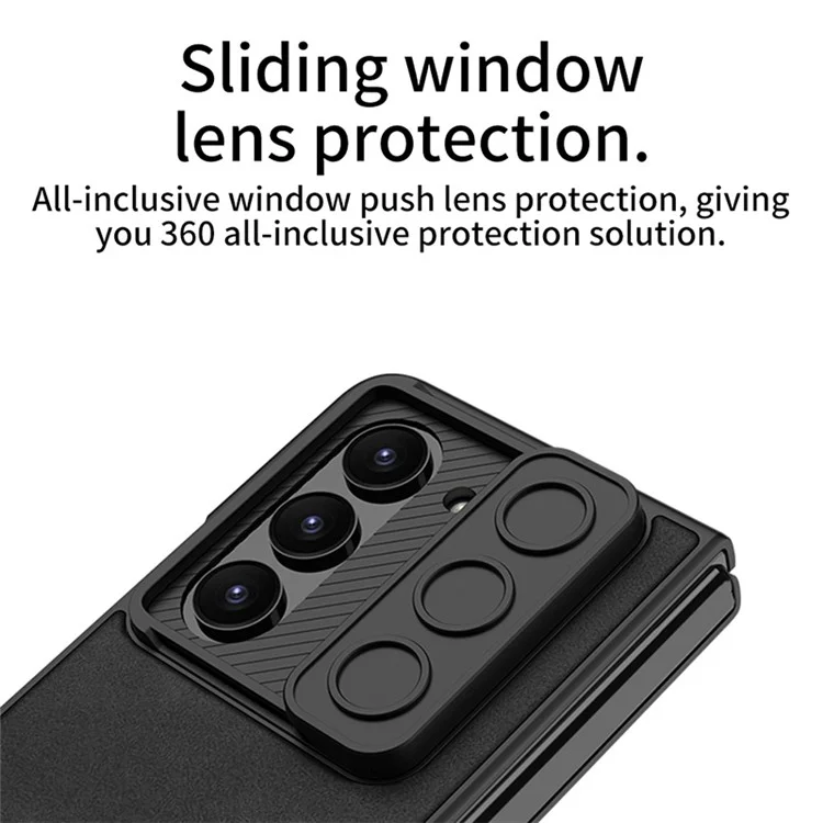 Funda de teléfono con slider de cámara mate GKK para Samsung Galaxy Z Fold5 5G, revestimiento de cuero de poliuretano y cubierta de PC con película de vidrio templado - Negro