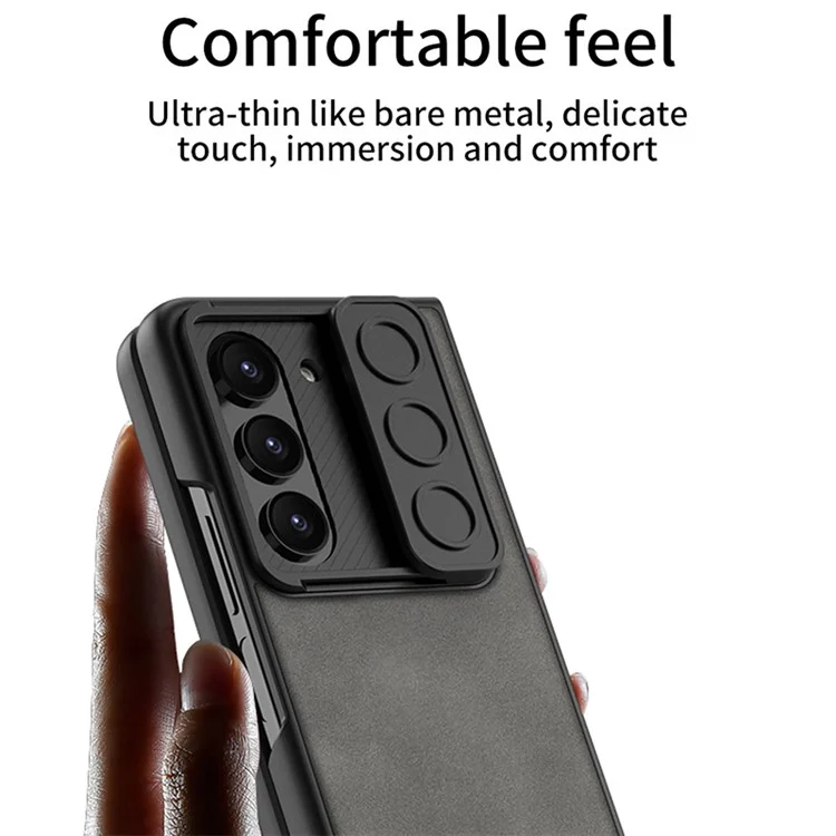 Funda de teléfono con slider de cámara mate GKK para Samsung Galaxy Z Fold5 5G, revestimiento de cuero de poliuretano y cubierta de PC con película de vidrio templado - Negro
