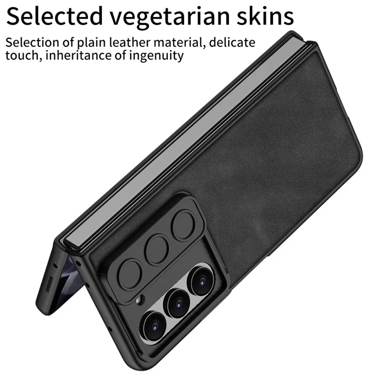 Funda de teléfono con slider de cámara mate GKK para Samsung Galaxy Z Fold5 5G, revestimiento de cuero de poliuretano y cubierta de PC con película de vidrio templado - Negro