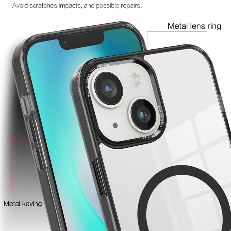 Custodia per telefono compatibile con MagSafe per iPhone 15, cover per telefono in PC + TPU trasparente - Nero