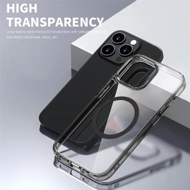 Custodia per telefono compatibile con MagSafe per iPhone 15, cover per telefono in PC + TPU trasparente - Nero