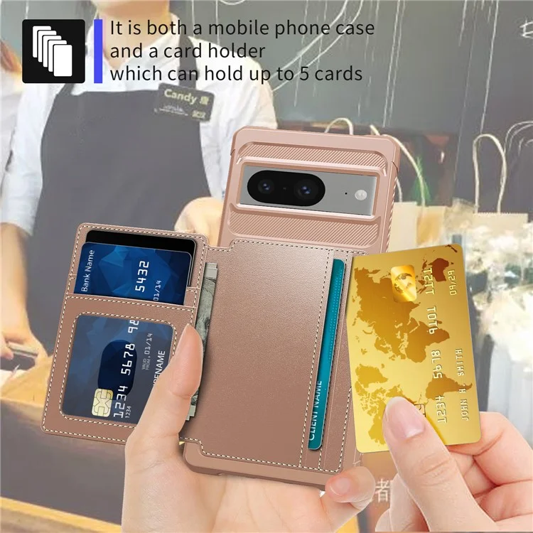 Für Google Pixel 8 Card Bag Phone Case PU Leder+TPU Hülle mit Unterstützung für magnetische Autohalterung - Pink