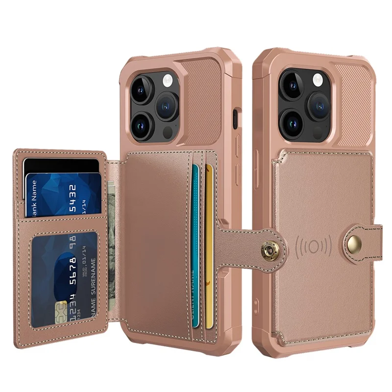 For iPhone 15 Pro PU Leather+TPU Cell Phone Case Card Slots Wallet Cover Support Magnetic Car Mount - Pink