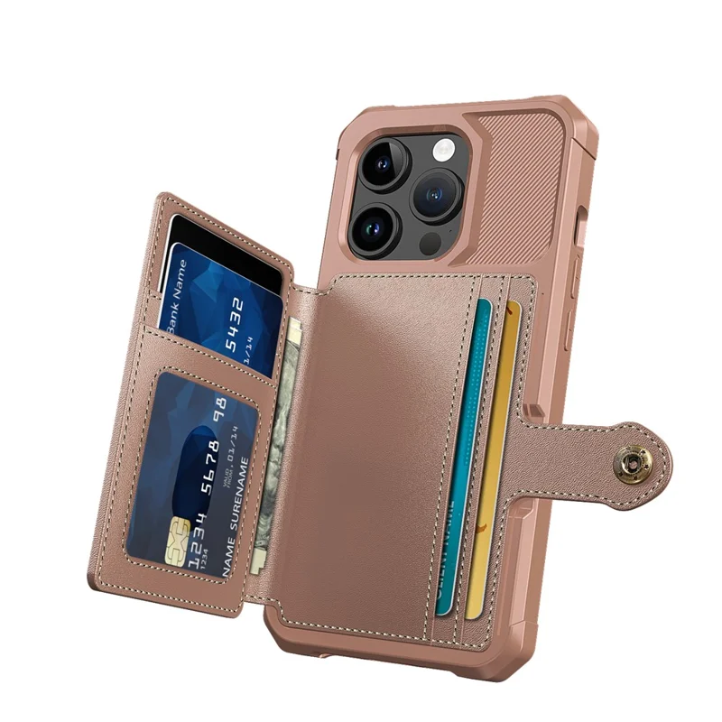 For iPhone 15 Pro PU Leather+TPU Cell Phone Case Card Slots Wallet Cover Support Magnetic Car Mount - Pink