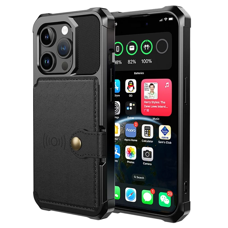 For iPhone 15 Pro PU Leather+TPU Cell Phone Case Card Slots Wallet Cover Support Magnetic Car Mount - Black