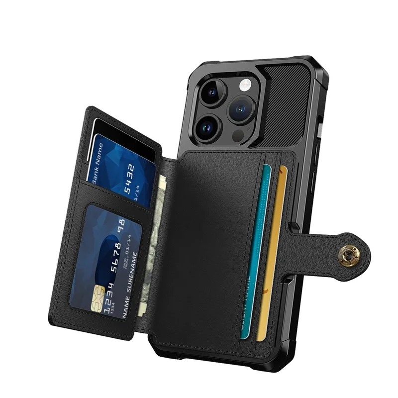 For iPhone 15 Pro PU Leather+TPU Cell Phone Case Card Slots Wallet Cover Support Magnetic Car Mount - Black