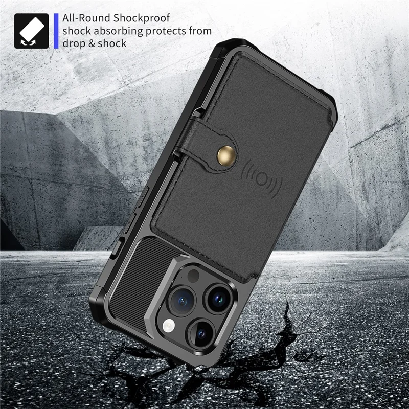 For iPhone 15 Pro PU Leather+TPU Cell Phone Case Card Slots Wallet Cover Support Magnetic Car Mount - Black