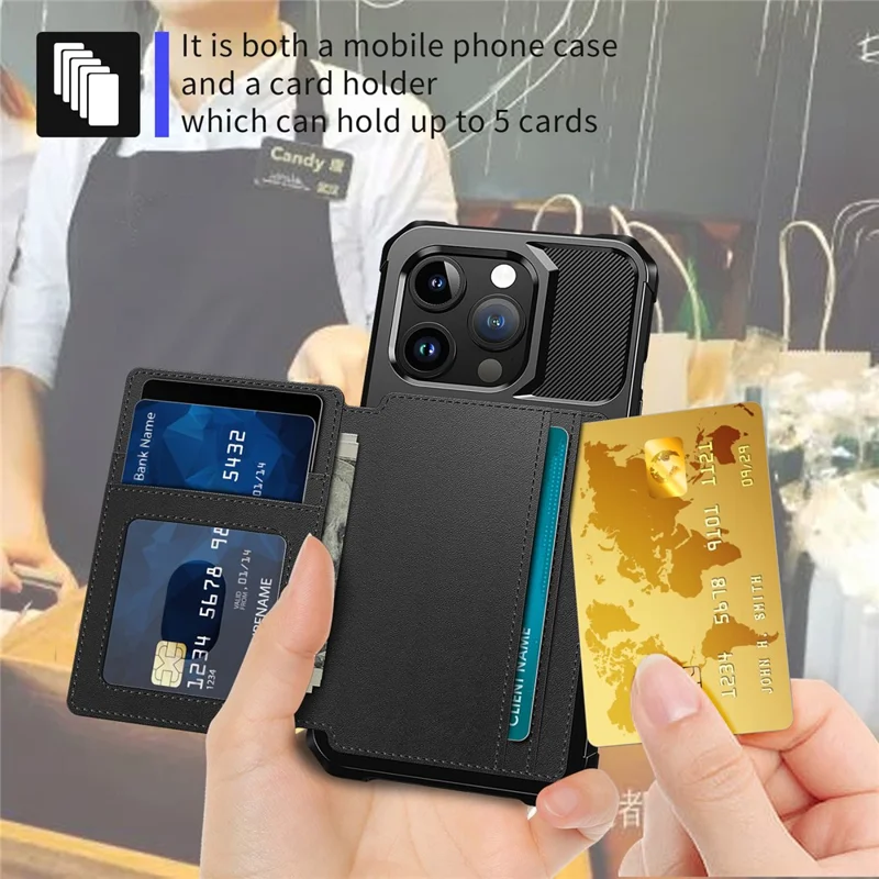 For iPhone 15 Pro PU Leather+TPU Cell Phone Case Card Slots Wallet Cover Support Magnetic Car Mount - Black