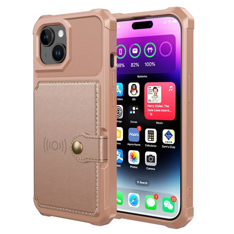 For iPhone 15 Plus Card Slots Wallet Phone Case PU Leather+TPU Anti-fall Cover Support Magnetic Car Mount - Pink