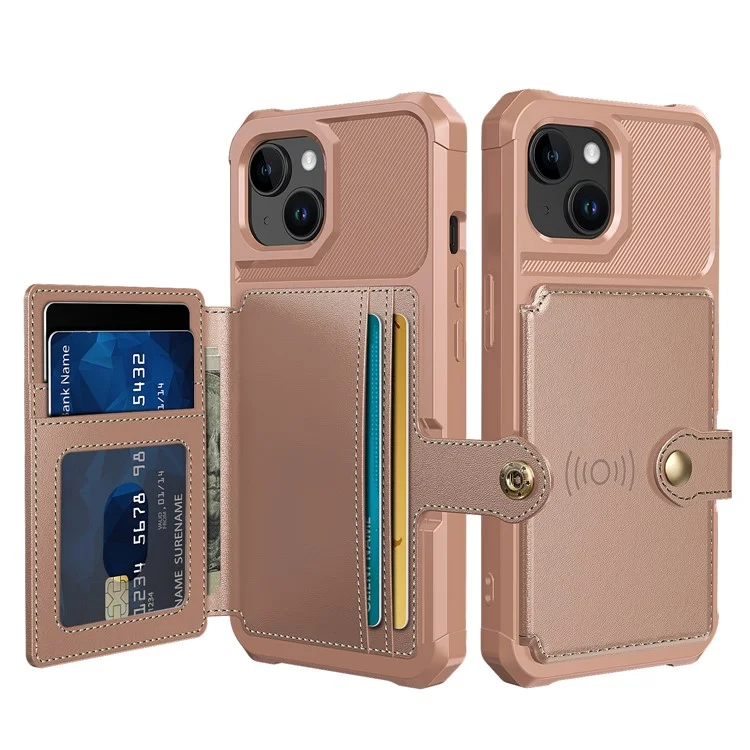 For iPhone 15 Plus Card Slots Wallet Phone Case PU Leather+TPU Anti-fall Cover Support Magnetic Car Mount - Pink
