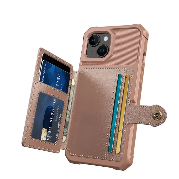 For iPhone 15 Plus Card Slots Wallet Phone Case PU Leather+TPU Anti-fall Cover Support Magnetic Car Mount - Pink